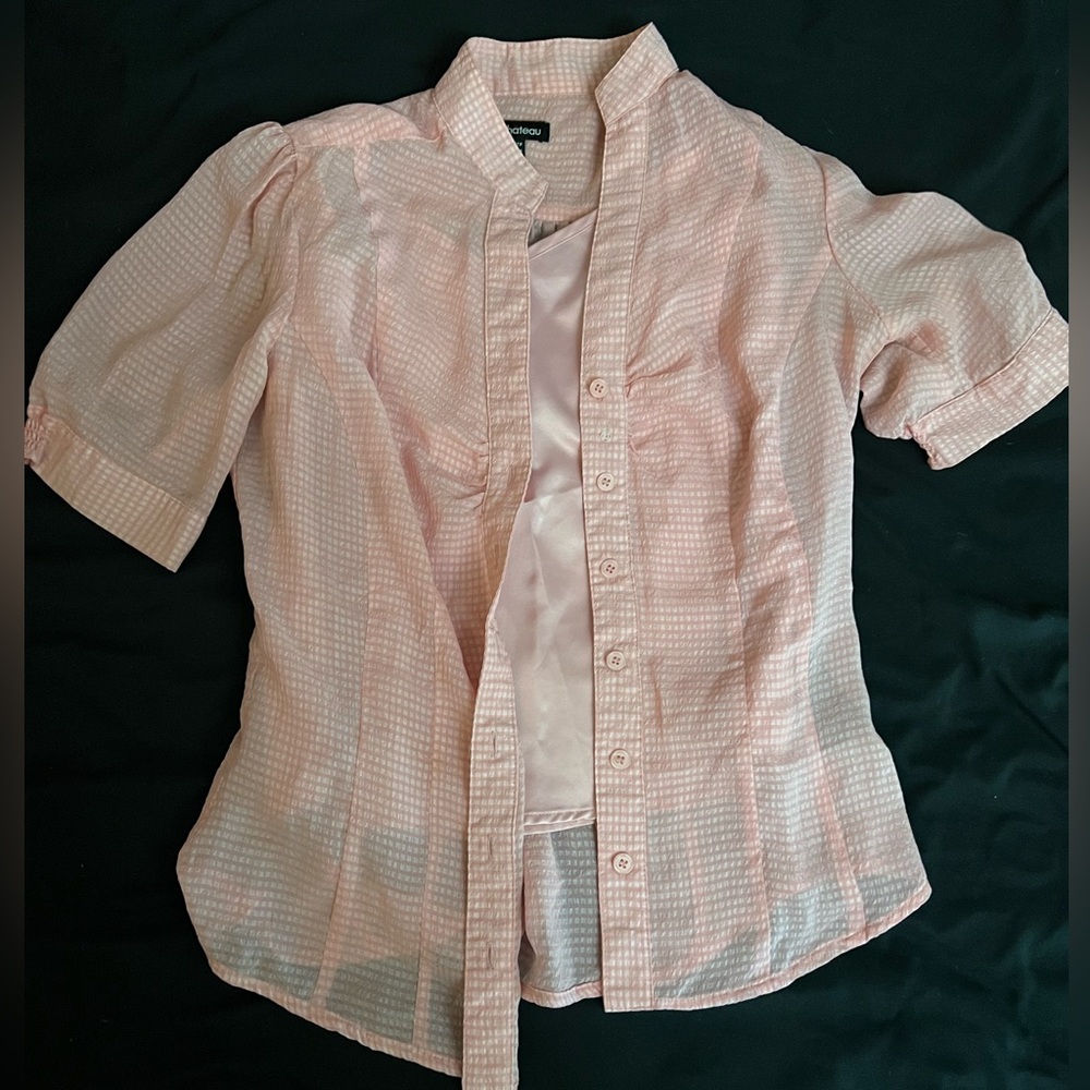 Le Chateau fitted pink checkered blouse with silk tank